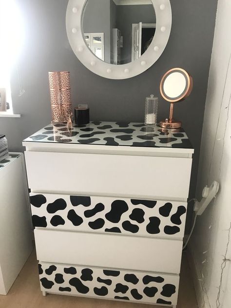 #cowprint #dresser #cow Western Bedroom Decor, Cow Decor, Dorm Room Inspiration, Indie Room Decor, Indie Room, Cute Bedroom Decor, Room Design Bedroom, Room Makeover Bedroom, Room Makeover Inspiration