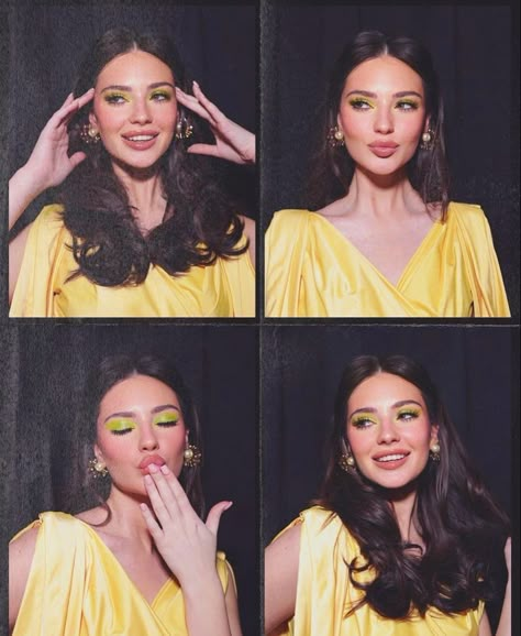 Dreamy Look Photography, Yellow Outfit Makeup, Green Yellow Makeup, Green And Yellow Makeup, Makeup With Yellow Dress, Yellow Dress Makeup, Creative Selfie Ideas, Captivating Eyes, Smink Inspiration