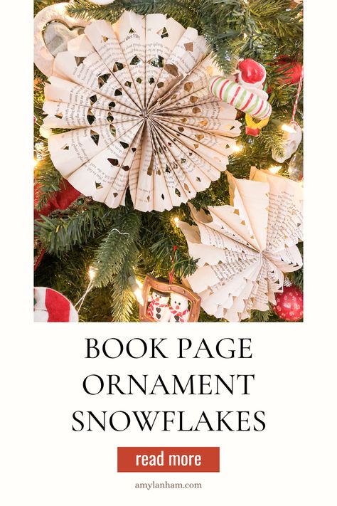 Book Page Christmas Ornaments Diy, Book Theme Christmas Tree, Paper Bag Snowflake Patterns Templates, Book Club Ornament Diy, Book Page Christmas Ornaments, Book Page Snowflakes, Diy Book Ornaments, Book Page Ornaments Diy, Book Snowflakes