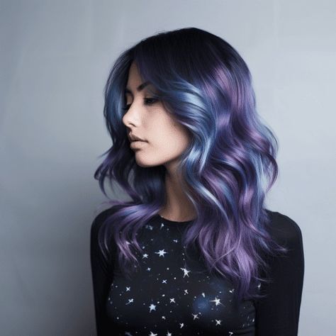 Galaxy Hair Color Straight, Purple Fantasy Hair, Dark Unnatural Hair Color, Night Sky Hair Color, Metallic Hair Color Ideas, Pastel Galaxy Hair, Blue Hair For Brunettes, Fantasy Hair Colors, Dark Hair Color Ideas For Spring