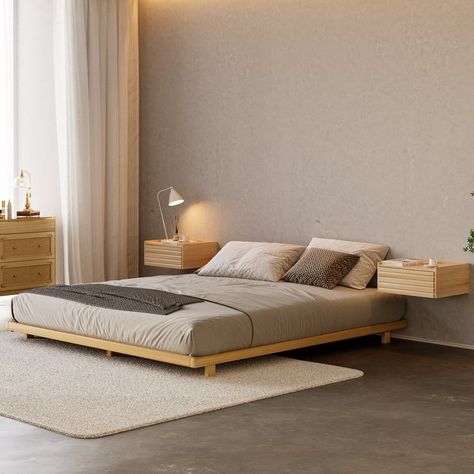 Japanese Style Walnut Queen Floor Bed Minimalist Queen Bed Frame, Low Bed Decor, Wooden Bed Platform, Japanese Floating Bed, Low Modern Bed, Japanese Low Bed, Minimal Wooden Bed, Thuma Bed Decor, King Floor Bed