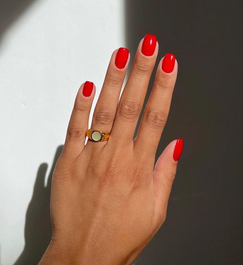 Red Shirt Gel Nails, Short Red Arclyc Nail, Bright Red Nails On Brown Skin, Red Dip Manicure, Red Manicure Black Women, Short Red Orange Nails, Bright Red Nail Color, Red Small Nails, Fire Engine Red Nails