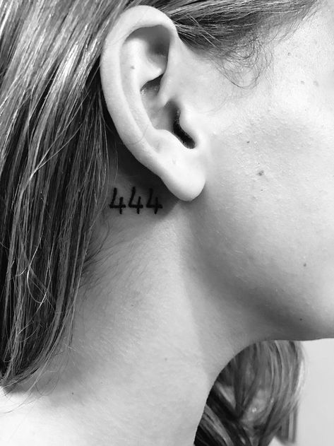 Small 444 Tattoo Behind Ear, 444 Ear Tattoo, Angel Number Tattoo Designs, 444 Tattoo Behind Ear, 444 Tattoo Ideas, First Time Tattoos, 777 Tattoo, Angel Number Tattoo, 22 Tattoo