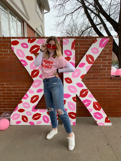 Giant Sorority Letters Painted, Valentines Bid Day, Love Bid Day Theme, Kappa Bid Day, Sorority Letters Painted, Sorority Recruitment Themes, Sorority Decorations, Retreat Themes, Selfie Museum