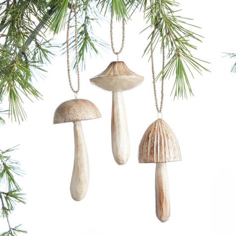 Carved Wood Mushroom Ornaments Set Of 3 by World Market Mushroom Ornaments, Carved Ornaments, Woodland Christmas Tree, Woodland Ornaments, Christmas Forest, Hairstyles For Women Over 50, Woodland Christmas, Craft Day, Wooden Christmas Ornaments