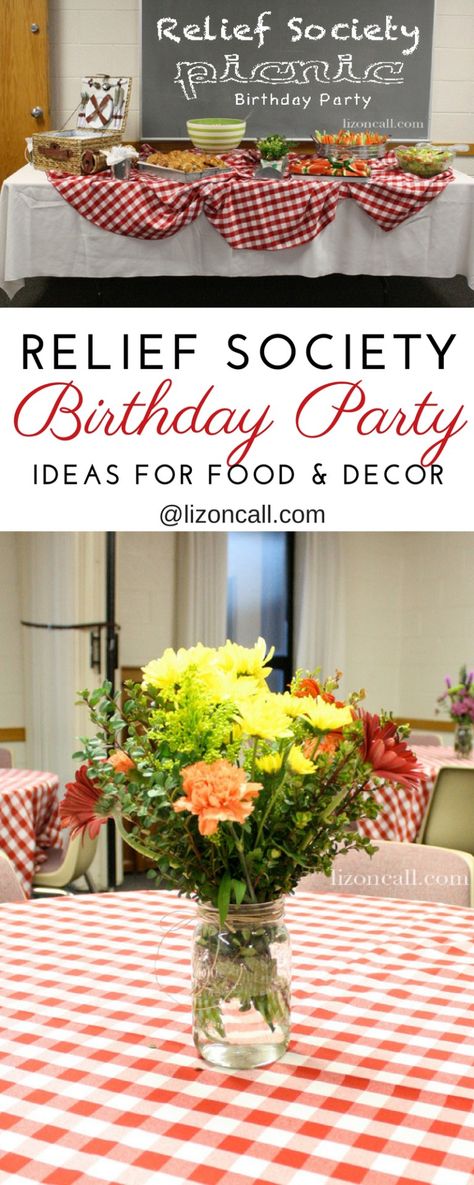 Relief Society Birthday Party Picnic - Liz on Call Rs Birthday Party Ideas, Relief Society Birthday Party, Lds Relief Society Activities, Relief Society Crafts, Birthday Messages For Sister, Senior Party, Rs Activities, Relief Society Birthday, Newsletter Ideas