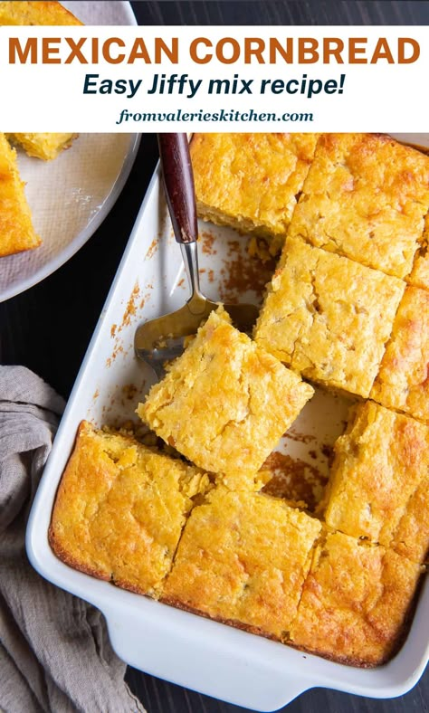 Simple ingredients dress up Jiffy Corn Muffin Mix to create this super moist and flavorful Mexican Cornbread. This fast and easy cornbread recipe is a real crowd-pleaser! Mexican Cornbread Jiffy Rotel, Mexican Cornbread With Jiffy, Corny Cornbread, Simple Cornbread Recipe, Cornbread With Jiffy, Mexican Cornbread Jiffy, Simple Cornbread, Easy Mexican Cornbread, Jiffy Mix Recipes