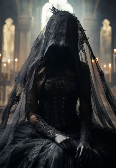 Masquerade Mask Photoshoot, Black Vail Aesthetic, Black Veiled Woman, Evil Vampire Queen, Princess Of The Underworld Aesthetic, Dark Bride Aesthetic, Queen Of The Underworld Aesthetic, Goth Queen Aesthetic, Black Veil Aesthetic