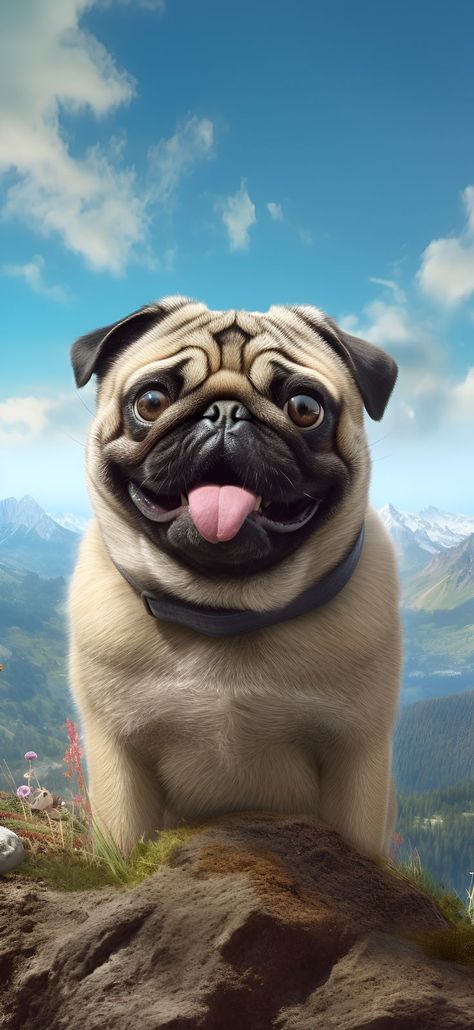 Aesthetic wallpaper of a happy pug standing on a mountain with a forest view, for iPhone & Android. Pug Wallpaper Iphone, Cute Pug Wallpaper, Pug Dog Wallpaper, Cute Pugs Wallpapers, Iphone Wallpaper Boys, Standing On A Mountain, Pug Wallpaper, Pug Cartoon, Happy Pug