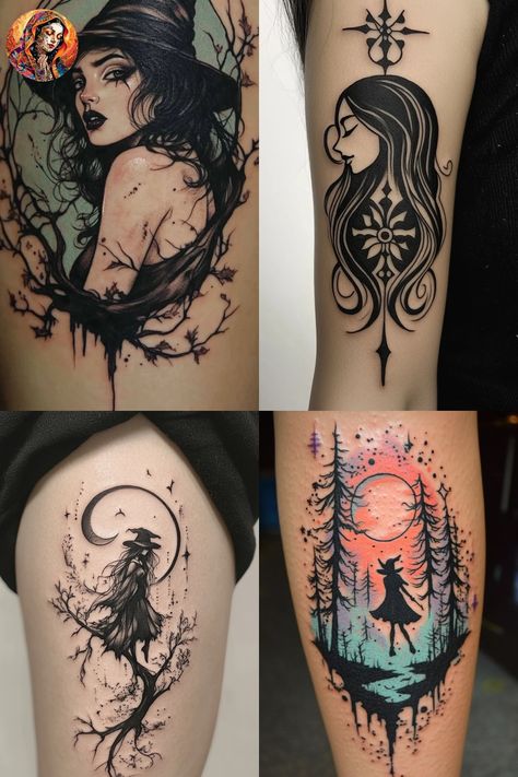 Discover 50+ Enchanting Witch Tattoo Ideas for Women: From Traditional to Sleeves and Small Designs, Perfect for Halloween Ink Inspirations! Witch Tattoo Ideas Witchcraft, Witch Tattoo Flash, Witch Tattoo Sleeve, Witch Tattoo Design, Pagan Tattoo Ideas, Traditional Tattoo Pin Up, Witch Tattoo Ideas, Witch Tattoos, Tattoo Pin Up