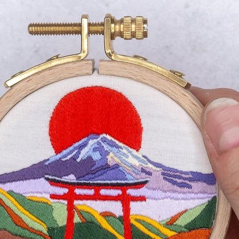 Vika Prokofjeva | Embroidery Artist on Instagram: "Most of you guessed correctly on this one! Fuji-san 🗻⛩️ Now the question is - what do we think about the finished design? This Mount Fuji pattern will be available for Satin Stitch Squad subscribers on February 1st ❤️ Learn more —> link in bio #mountfuji #mountainembroidery #landscapeembroidery #satinstitch #satinstitchsquad" Mount Fuji Embroidery, Mont Fuji, February 1st, Mount Fuji, Satin Stitch, Artist On Instagram, The Question, Artsy Fartsy, Embroidery Patterns