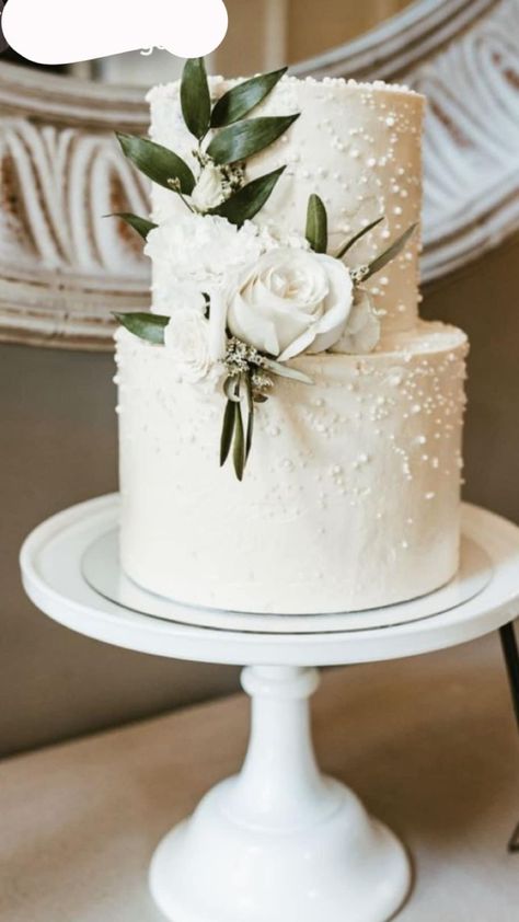 2 Layer Cake Wedding, Wedding Cake With Flowers And Pearls, Wedding Cake Designs No Flowers, White Classic Wedding Cake, Elegant Pearl Wedding Cake, Simple Wedding Cake Pearls, White And Sage Green Wedding Cake, Sage Green And White Wedding Cake, Wedding Cake Inspiration Simple