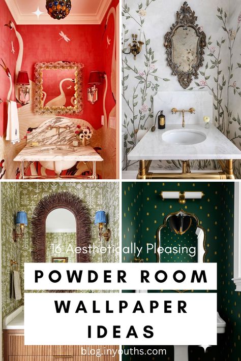 POWDER ROOM WALLPAPER IDEAS Whimsical Powder Room Wallpaper, Small Bathroom Accent Wallpaper, Eccentric Powder Room, Wallpaper For Bathroom Small Spaces Powder Room Design, Small Bathroom Decor Wallpaper, Patterned Wallpaper Bathroom, Statement Powder Room Farmhouse, Eclectic Bathroom Wallpaper, Toilet Room Wallpaper Ideas