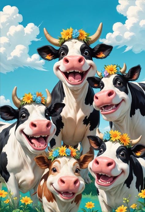 Happy Cow Illustration, Cow Painting Cute, Cartoon Cows, Cheerful Illustration, Farm Animals Decor, Farm Animal Crafts, Cow Illustration, Painting Cute, Baby Farm Animals