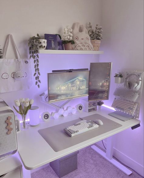 Gaming setup pc computer aesthetic minimalistic white Aesthetic Computer, Games Room Inspiration, Gaming Desk Setup, Cozy Desk, Gamer Room Decor, Video Game Room Design, White Desk, Dekorasi Kamar Tidur, Bedroom Setup