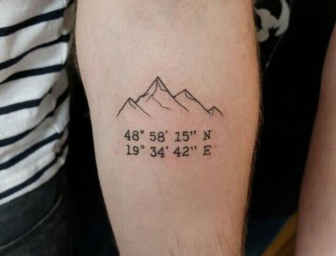 200+ Best Mountain Tattoos for Men (2021) Range, Geometric, Simple, Small Designs Coordinates Tattoo Mountain, Mountain And Coordinate Tattoo, Mountain Tattoo With Coordinates, Mountain Coordinates Tattoo, Coordinated Tattoos, Nepal Tattoo Ideas, Maine Tattoos, Coordinate Tattoos, Coordinate Tattoo Ideas