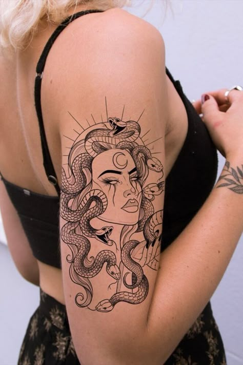 Tattoos Sleeve Women, Mythology Tattoos Sleeve, Greek Mythology Tattoos Sleeve, Ruby Rose Tattoo, Medusa Portrait, Aphrodite Tattoo, Arm Sleeve Tattoos For Women, Back Tattoo Ideas, Medusa Tattoo Design