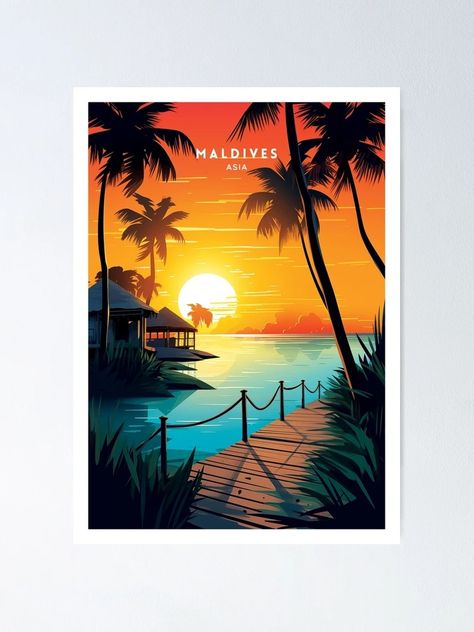 "Maldives Island Escape Travel Illustration" Poster for Sale by NeuralVibe | Redbubble Dream Drawing, Travel Poster Design, Maldives Island, Overwater Bungalows, Travel Illustration, Illustration Poster, Travel Poster, Graphic Poster, Maldives