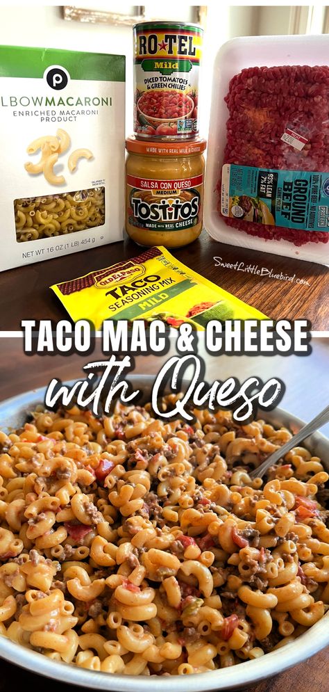 This is a photo of the ingredients to make the macaroni and cheese with a large skillet showing the macaroni and cheese after cooking, ready to serve. Easy Recipes With Elbow Macaroni, Taco Mac N Cheese, Recipes With Elbow Noodles, Ground Beef Diced Tomatoes, Elbow Macaroni Recipes, Taco Macaroni, Food Ground Beef, Work Sayings, Healthy Kids Meals