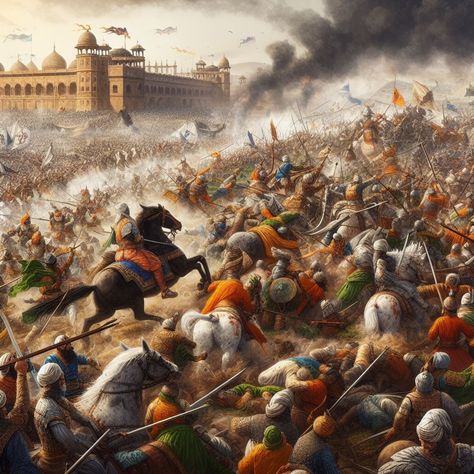 Battle of Panipat (1526) (Art Style: Historical Battle Scene)Visual Description: A sprawling battlefield depicting the confrontation between Babur and Ibrahim Lodhi's forces. The chaos of war, cavalry charges, and infantry clashes is vividly captured, with historical accuracy.Art Style: A detailed historical battle scene with vibrant, realistic rendering of combatants and weaponry. Panipat Battle, Battle Of Panipat, Battlefield Art, Ancient Battlefield, Battle Of Uhud, Medieval Warfare, Maharana Pratap, Islamic Pic, Warriors Illustration