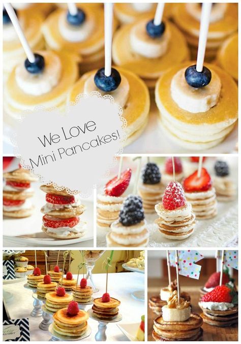 Mini Pancake Stacks {Brunch Foods That Rock}!  For baby shower you could tie a pink ribbon to the sticks.  easy peasy. Baby Shower Pasta, Baby Shower Brunch Food, Brunch Foods, Girls Brunch, Brunch Food, Brunch Drinks, Pancake Stack, Mini Pancakes, Brunch Buffet