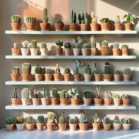 #Cactus Collection #Showcase: A warm, sunlit #display of various #cacti neatly arranged on white shelves against a light wall. #indoor #gardening #aiart #aiphoto #stockcake ⬇️ Download and 📝 Prompt 👉 https://stockcake.com/i/cactus-collection-showcase_413850_283320 Cactus Collection Display, Cactus Interior Design, Sunroom Dining, Cactus Collection, Outdoor Vibes, Brick Wall Backdrop, Brick Backdrops, Snow Light, Rustic Wooden Table