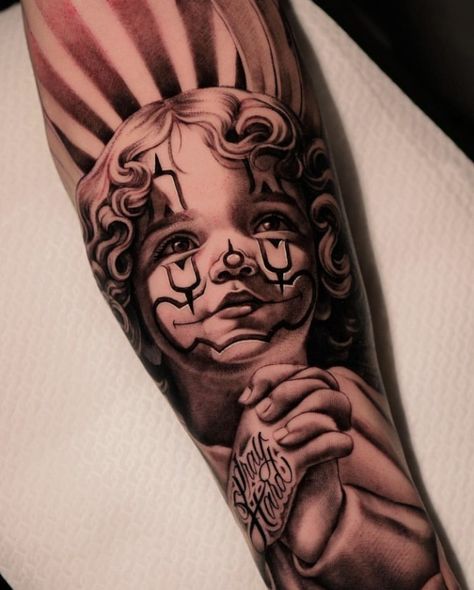 Chicano Tattoo Design Ideas, Under Eye Tattoo, Angle Tattoo, Baby Angel Tattoo, Chicanas Tattoo, Chicano Tattoos Sleeve, Realistic Tattoo Sleeve, Clown Tattoo, Chicano Style Tattoo