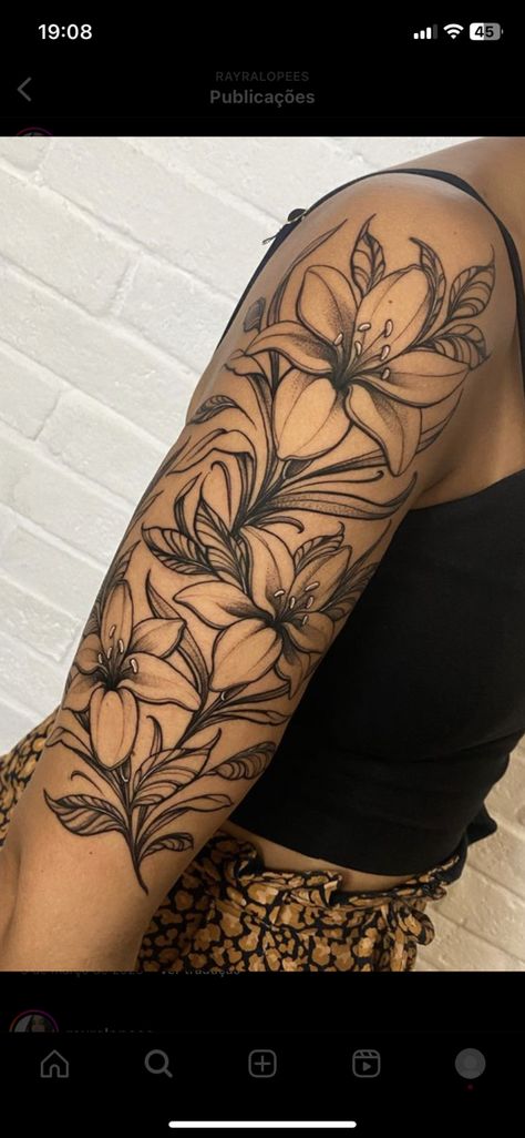 Lily Flower Tattoos Sleeve, Arm Sleeve Tattoo Men, Lily Stencil, Sleeve Tattoo Men, Arm Sleeve Tattoo, Lily Flower Tattoos, Tattoos For Black Skin, Flower Tattoo Sleeve, Arm Sleeve Tattoos