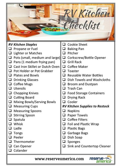 RV Kitchen Checklist Kitchen Checklist, Travel Trailer Organization, Trailer Organization, Rv Camping Checklist, Rv Organization, Travel Trailer Camping, Rv Kitchen, Rv Hacks, Bus Camper