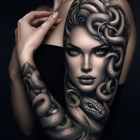 Female Greek Goddess Tattoo, Medusa Full Body Tattoo, Greek Mythology Tattoos Sleeve Women, Medusa Leg Sleeve, Medusa Sleeve Tattoos For Women, Medusa Eyes Tattoo, Greek Mythology Sleeve Tattoo, Realistic Medusa Tattoo, Medusa Tattoo Outline