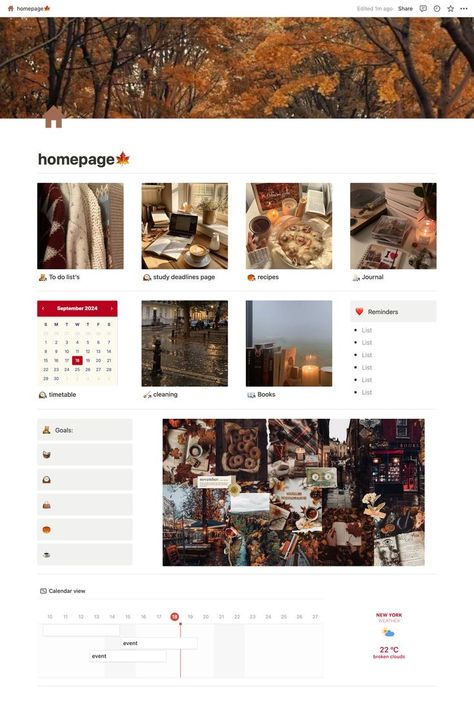 Free❗️Notion Template | Notion homepage, notion personal dashboard, notion template, easy to use notion template, notion idea, notion simple homepage, fall themed notion page, fall theme notion page, fall aesthetic, fall aesthetic notion page, autumn vibes, autumn aesthetic, autumn aesthetic notion page #notion, #notion_template_free Fall Notion Template, Notion Home Page Aesthetic, Notion Inspo Home Page, Aesthetic Notion Page, Notion Homepage Ideas, Notion Personal Dashboard, Fall Notion, Notion Templates Aesthetic, Notion Simple