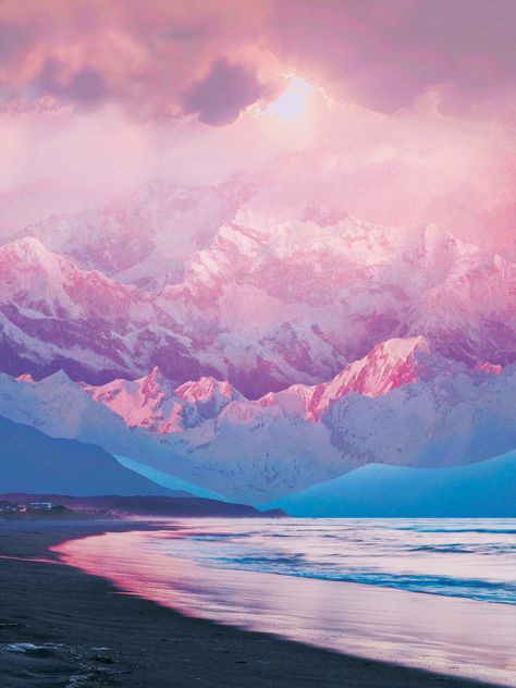 Digital collage inspired by mountains and the sea. Pink and purple aesthetics. Nature la landscapes images Pink Mountains Aesthetic, Painted Mountains, Aesthetics Nature, Purple Aesthetics, Therapy Practice, Mountains Aesthetic, Pink Mountains, Ig Highlight, Mountain Illustration