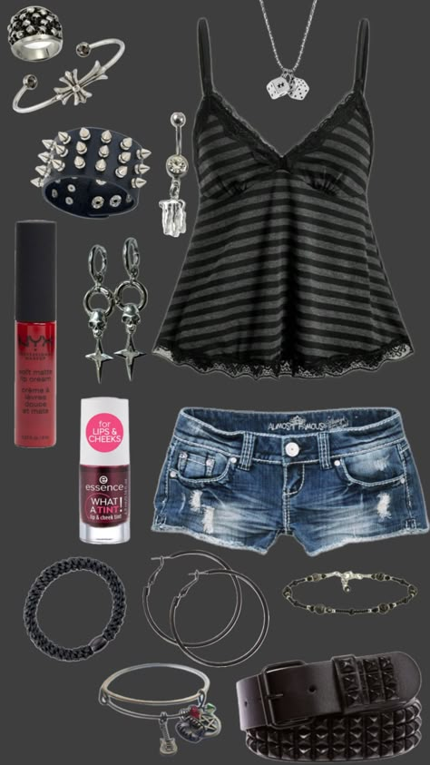 Emo Outfits Summer, Emo Skirt Outfits, Fit Board, Grey Mini Skirt, 2000s Outfits, Alt Style, Flower Skirt, Emo Outfits, Scene Emo