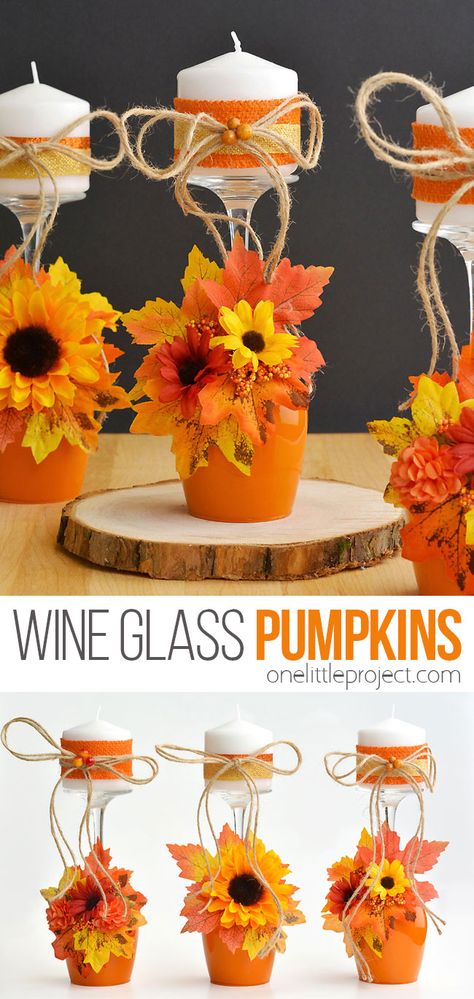 These pumpkin wine glasses are SO CUTE! Make this painted fall candle holder and decorate it with fabric leaves and flowers. It's such a fun autumn craft for teens, adults, and seniors. Place them on the mantle or use them as part of a centerpiece for the Thanksgiving dinner table. Homemade Fall Decorations For Outside, Craft Ideas For Adults Halloween, Fall Wine Glass Crafts Diy, Wine Glass Pumpkins, Wine Glass Fall Crafts, Cute Diy Candle Ideas, Fall Decorations For Wedding, Craft Ideas For Older Adults, Crafts Using Wine Glasses