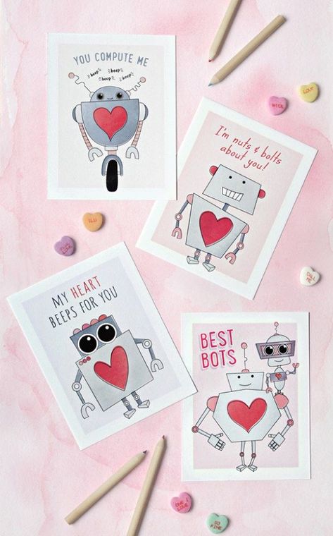 Robot Valentine Cards, Printable Kids Valentines, Free Printable Valentines Tags, Valentines Robots, Free Valentine Cards, Robot Gift, Robot Theme, Punny Valentines, Class Valentines