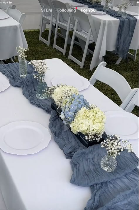 Baby Shower Table Boy, Blue And White Baby Shower Flowers, Blue Flower Table Decorations, Baby Boy Baptismal Theme Ideas, Chic Boy Baby Shower Ideas, Baby In Bloom Boy Shower Ideas Blue, Dark Blue Baby Shower Ideas, Boy Baby Shower Color Scheme, Blue Hydrangea Baby Shower Ideas