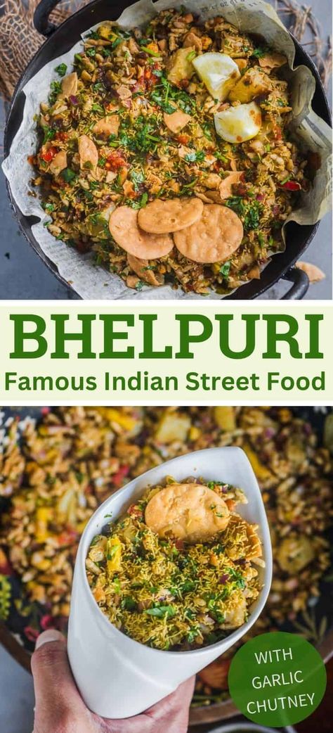 Experience the authentic taste of Mumbai with this easy Bhel Puri recipe! Made with kurmura, flavorful chutneys, fresh veggies, and crispy toppings, this iconic Indian street food is a delightful mix of sweet, spicy, tangy, and sour flavors. Naturally vegan, Bhelpuri is crispy, crunchy, and delicious! Bhel Puri Recipe, Puri Recipe, Puri Recipes, Chaat Recipe, Indian Street, Chaat Masala, Indian Street Food, Juicy Tomatoes, Indian Snack Recipes