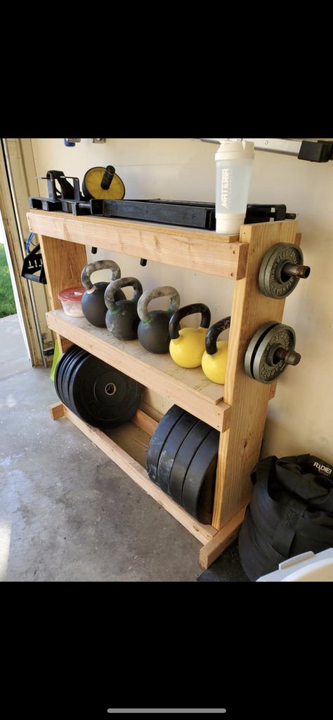 Garage Gym Organization Storage, Small Gym Organization, Weight Room In Garage, Diy Workout Equipment Storage, Diy Home Gym Storage, Kettlebell Storage Diy, Workout Room Storage Ideas, At Home Gym Room Small Spaces Basements, Diy Gym Storage