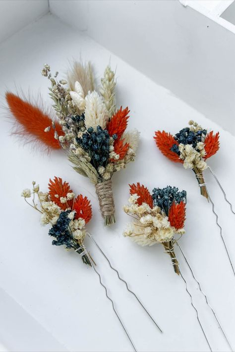 Dried flower hair pins + boutonniere for Rust and navy Blue wedding ceremony. Navy Blue And Terracotta, Cornflower Blue Wedding, Dried Flower Boutonniere, Groom Buttonhole, Orange Boutonniere, Navy Blue Wedding Theme, Blue Green Wedding, Groom Buttonholes, Rusting Wedding