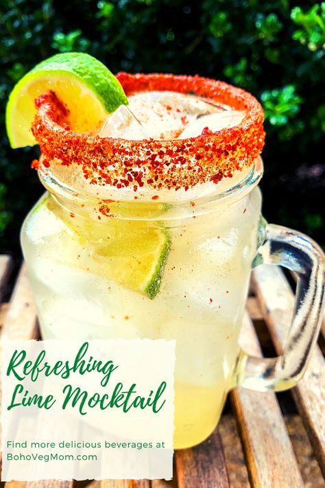 Perfect summer beverage. Fresh lime flavor with a kick from the Tajin rim. #momapproved #mocktails #summercocktails Cocktails With Tajin Rim, Mocktail With Tajin, Vegan Tajin Recipes, Tajin Recipes Drink, Tajin Drink Recipes, Drinks With Tajin Rim, Tajin Rimmed Drinks, Tajin Drinks, Tajin Recipes