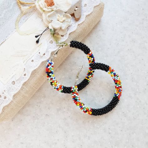 Excited to share the latest addition to my #etsy shop: Black and multi colored beaded earrings Native hoop earrings Big beaded hoops Large seed bead earrings Ukraine sellers shop small business https://etsy.me/3Nzl8fZ African Beadwork, Costume Making, Rainbow Confetti, Black Confetti, Festival Costume, Beaded Earrings Native, African Earrings, Multicolor Earrings, Earrings Big