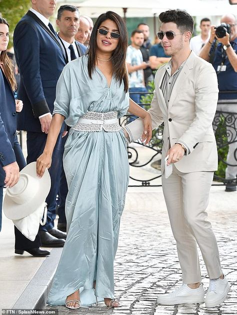 Riviera glamour: Priyanka later accessorised with a pair of small 90s-style sunglasses to ... Blue Silk Dress Outfit, Blue Silk Gown, Silk Dress Outfit, Kaftan Ideas, Silk Dresses Outfit, Lawyer Fashion, Kaftan Designs, High Fashion Dresses, Fav Celebrities