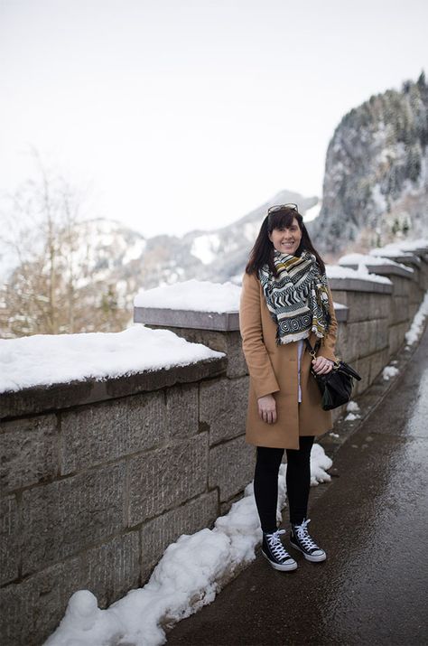 Bavaria’s Fairytale Castles : Visiting Neuschwanstein Castle Europe In March, March Outfits, Faux Fur Lined Coat, Franco Sarto Boots, Zara Scarf, Fur Lined Coat, Black High Top Converse, Neuschwanstein Castle, Warm Dresses