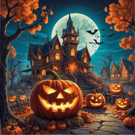 Only 2 days left! 🎃🧡🌕 . . . . #halloween #halloweenart #halloweenlife #halloweeneveryday #aiartcommunity | Instagram Happy Halloween Images, Evil Pumpkin, Halloween Everyday, Halloween Pumpkins Carvings, Halloween Scene, 31 Days Of Halloween, Cartoon Wall, Halloween Painting, Halloween Haunted Houses