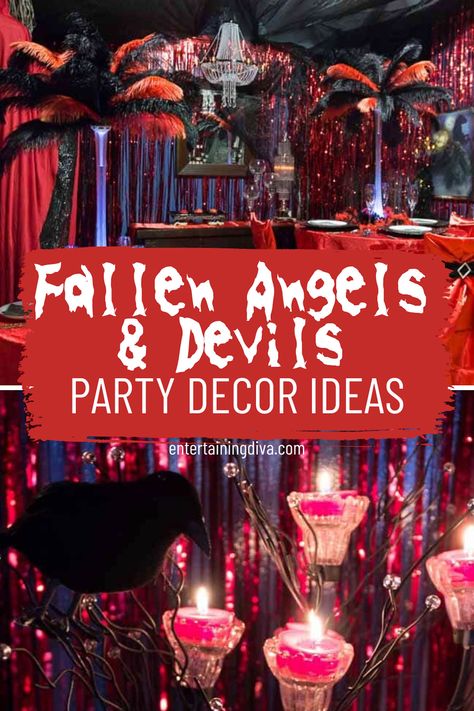 If you want something extraordinary for your Halloween party theme, try out the Fallen Angels & Devils party - it's epic! This Halloween party theme makes the most dramatic decorations, food ideas, costumes and so much more. Your guests will be breathtaken! Demon Party Theme, Devil Halloween Decorations, Spooky Sweet 16 Party Ideas, Angels Vs Devils Party, Angels And Devils Party, Hell Themed Party, Angels And Demons Party, Halloween Party Themes For Adults, Devil Party