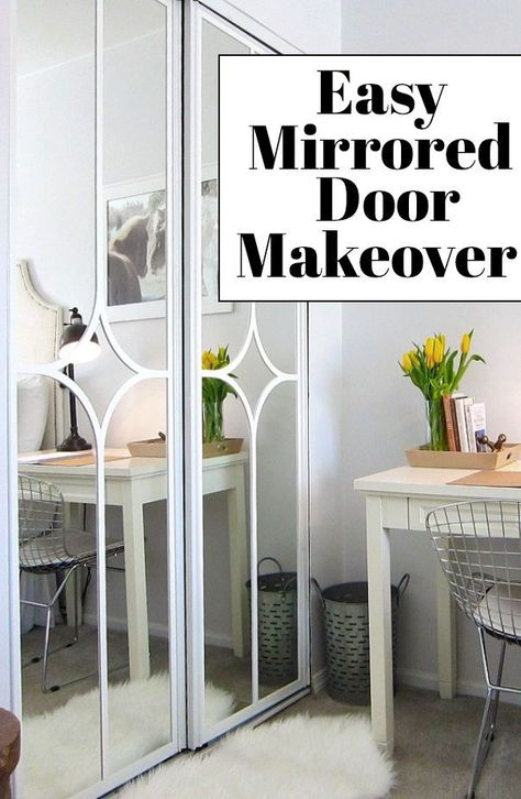 I was so tired of these outdated Mirrored Doors so I gave our closet doors a Makeover - You won't believe how easy it is! #diy #door #homedecor Mirror Closet Door Makeover, Mirror Closet Door, Sink Paint, Champagne Bedroom, Paint Linoleum, Mirrored Closet, Herringbone Floors, Mirror Closet, Closet Mirror