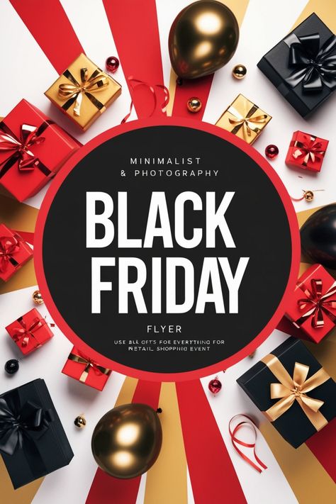 "Create a vibrant and dynamic background for the Black Friday flyer. The design should evoke excitement and relevance by using a bold color palette with shades of black, red and gold. Use gifts, balloons and everything associated with Black Friday, suitable for retail or shopping topics. The overall look should be modern and attention-grabbing, reflecting the essence of a vibrant shopping event." Black Friday Background, Friday Background, Dynamic Background, Black Friday Flyer, Black Friday Design, Friday Christmas, Black Friday Christmas, Bold Color Palette, Shopping Event