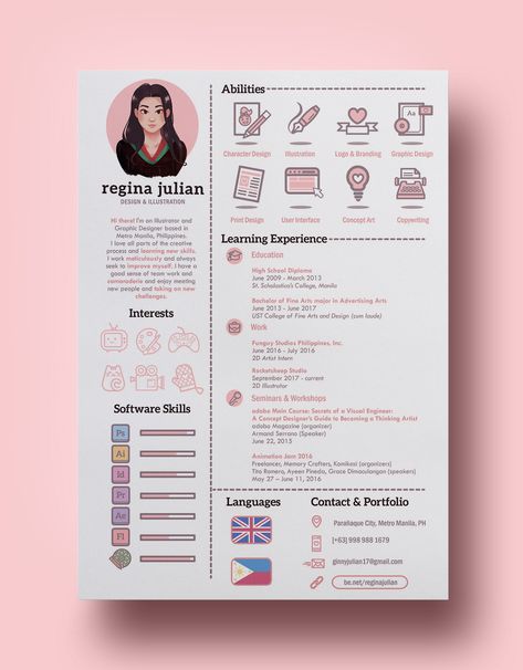 Personal Branding and Resume / CV of Regina Julian with project details and design process information. Resume Design Inspiration, Creative Cvs, Cv Original, It Cv, Cv Inspiration, Graphic Design Cv, Creative Cv Template, Mises En Page Design Graphique, Reka Bentuk Grafik