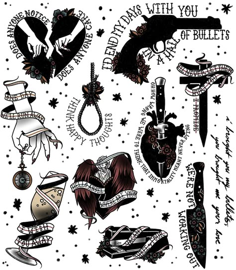 manda on Twitter: "full tattoo flash for each my chemical romance album 🖤… " My Chemical Romance Albums, Halloween Tattoo Flash, Emo Tattoos, Jagua Henna, Full Tattoo, Tattoo Flash Sheet, Spooky Tattoos, Halloween Tattoo, Traditional Tattoo Flash