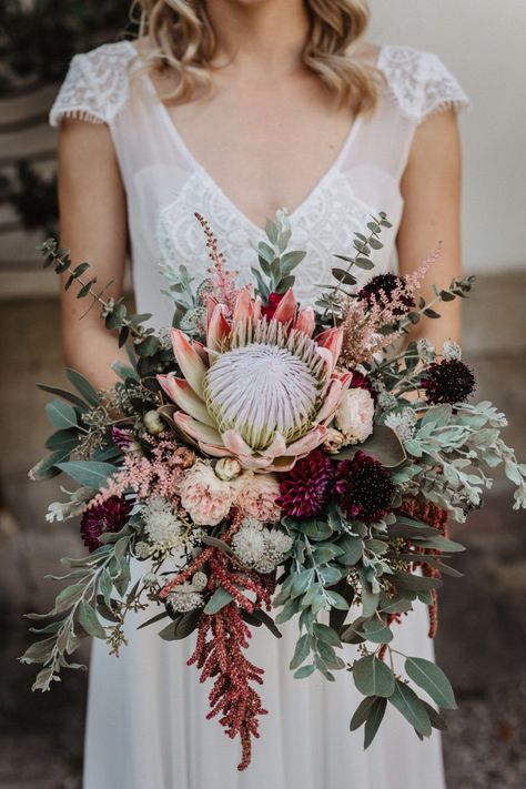 dreamy protea and sage green bridal bouquets Winter Wedding Stationery, Bohemian Wedding Bouquet, Holding A Bouquet Of Flowers, Protea Wedding, Wedding Flower Trends, Holding A Bouquet, King Protea, Autumn Bride, A Bouquet Of Flowers